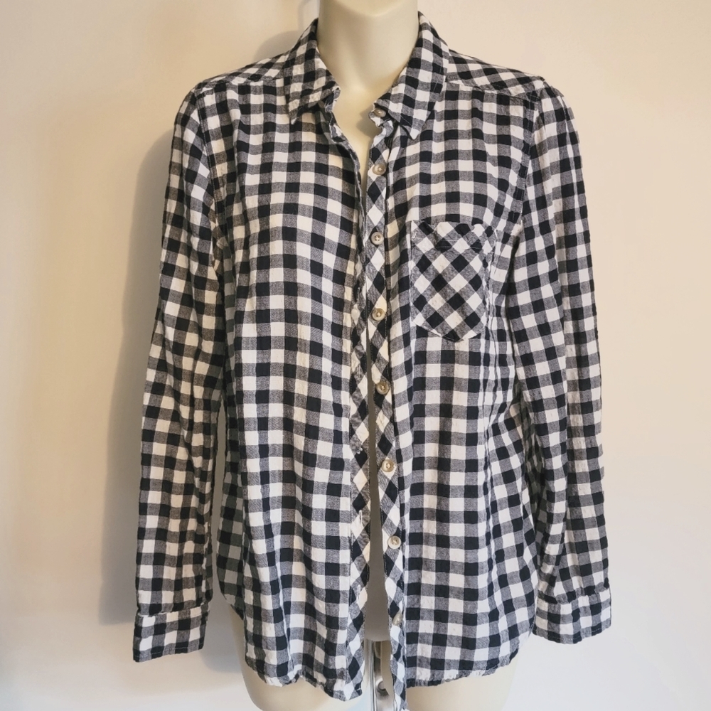 Navy and white check button up